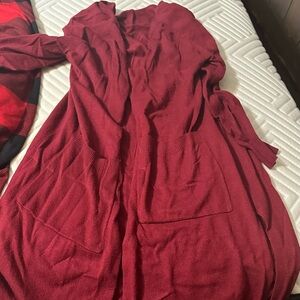 Burgundy long duster cardigan.
